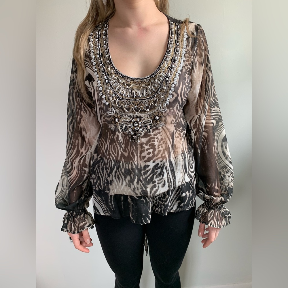 Kay Celine beaded semi sheer animal print, long sleeve blouse